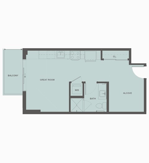 A floor plan of a house with a balcony, great room, alcove, and bath.